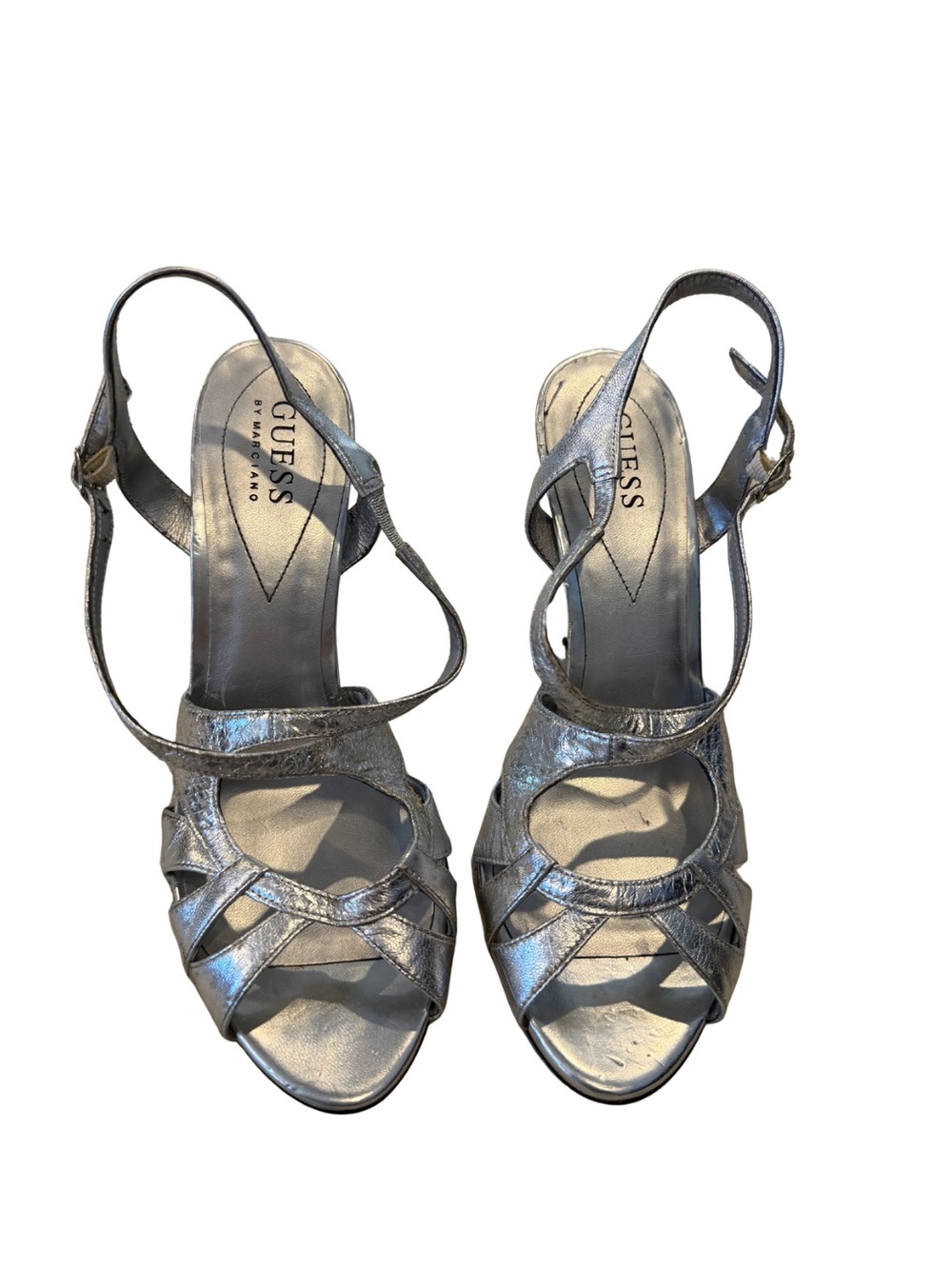 GUESS Metallic Silver Strappy Slingback Heels